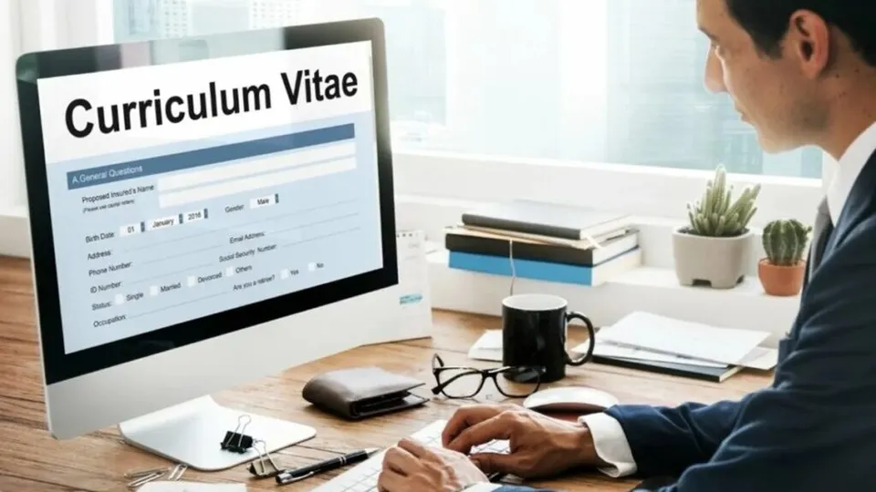 Un bărbat într-un costum întunecat lucrează la un computer desktop care afișează un formular de curriculum vitae pe un birou de lemn.