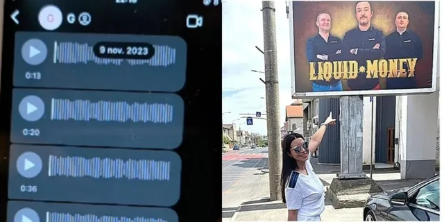 O imagine compusă prezintă pe partea stângă o captură de ecran cu mai multe fișiere audio pe un dispozitiv mobil și, pe partea dreaptă, o femeie cu mâna ridicată lângă un panou publicitar.