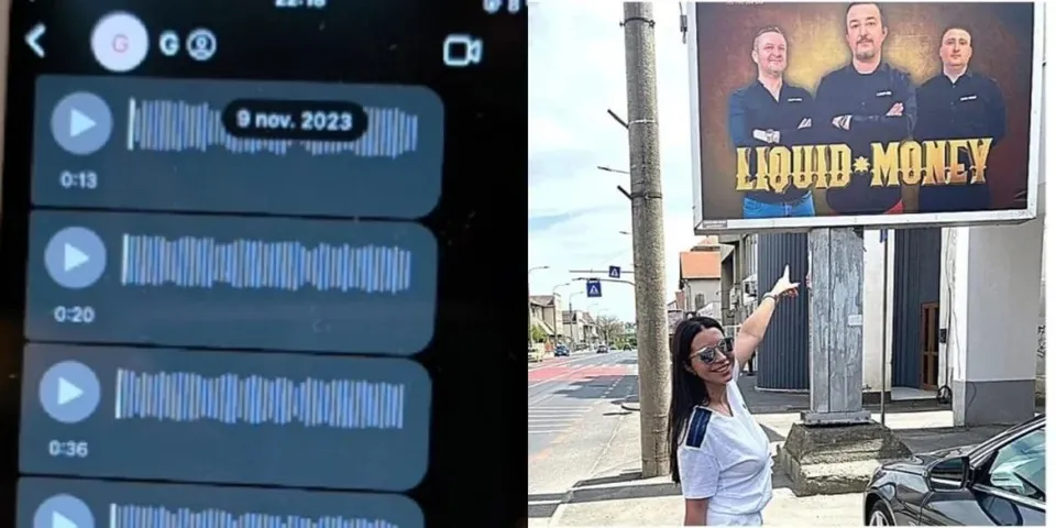 O imagine compusă prezintă pe partea stângă o captură de ecran cu mai multe fișiere audio pe un dispozitiv mobil și, pe partea dreaptă, o femeie cu mâna ridicată lângă un panou publicitar.