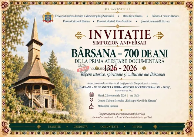 Un afiș cu text și o ilustrație a unei biserici din lemn situată într-o pădure de conifere.