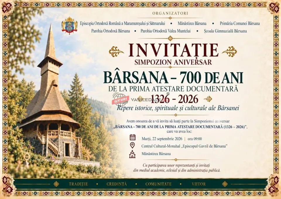 Un afiș cu text și o ilustrație a unei biserici din lemn situată într-o pădure de conifere.