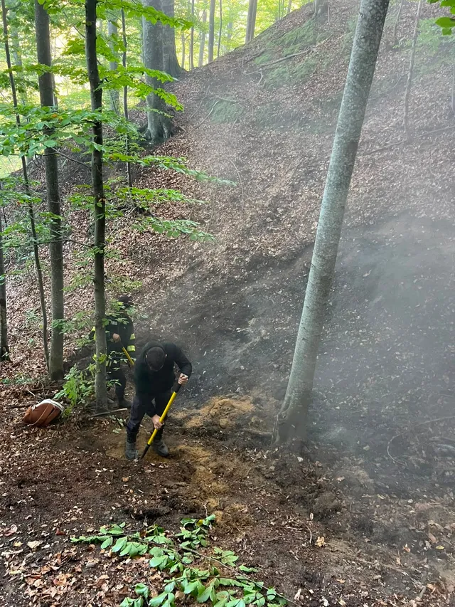 Un bărbat cu haine închise folosește un instrument cu mâner lung pe un teren înclinat, acoperit de pământ și vegetație într-o pădure.
