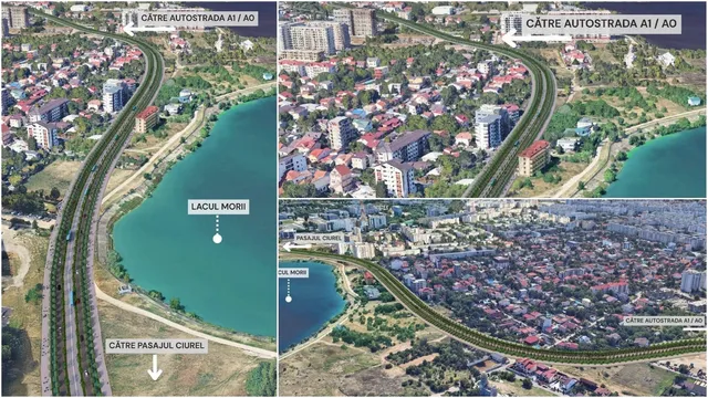 Imaginea prezintă o reprezentare grafică a unui proiect de infrastructură rutieră care traversează o zonă urbană lângă un lac.