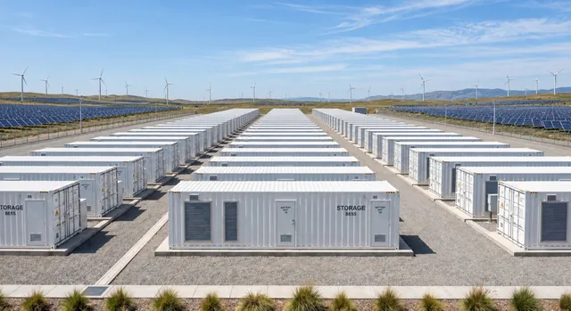 Linii de containere albe de stocare sunt dispuse în rânduri pe un teren de pietriș, sub un cer senin, lângă panouri solare și turbine eoliene.