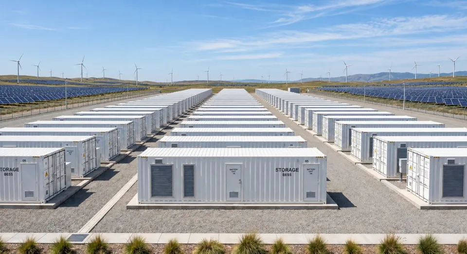 Linii de containere albe de stocare sunt dispuse în rânduri pe un teren de pietriș, sub un cer senin, lângă panouri solare și turbine eoliene.