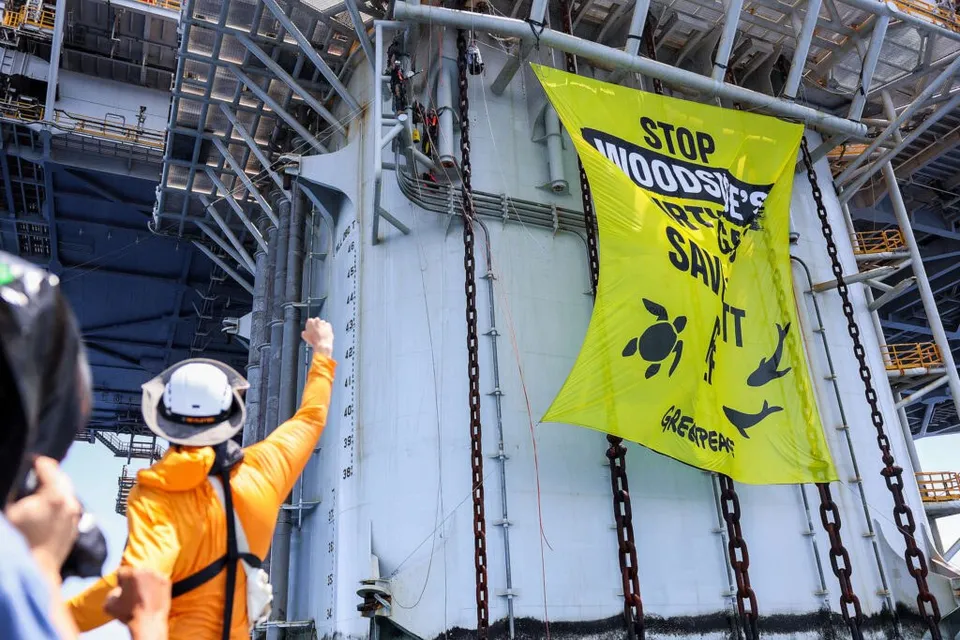 O persoană cu cască albă și o jachetă portocalie cu brațul drept ridicat se află lângă un banner galben cu inscripția "STOP WOODSIDE" și simboluri de animale marine.