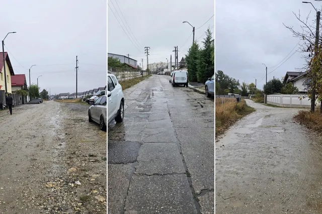 Trei fotografii verticale prezintă drumuri de asfalt și pietriș cu suprafețe denivelate, flancate de case, utilități și vehicule parcate sub un cer înnorat.