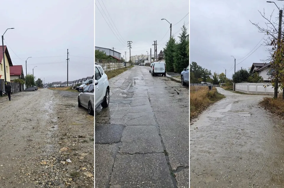 Trei fotografii verticale prezintă drumuri de asfalt și pietriș cu suprafețe denivelate, flancate de case, utilități și vehicule parcate sub un cer înnorat.