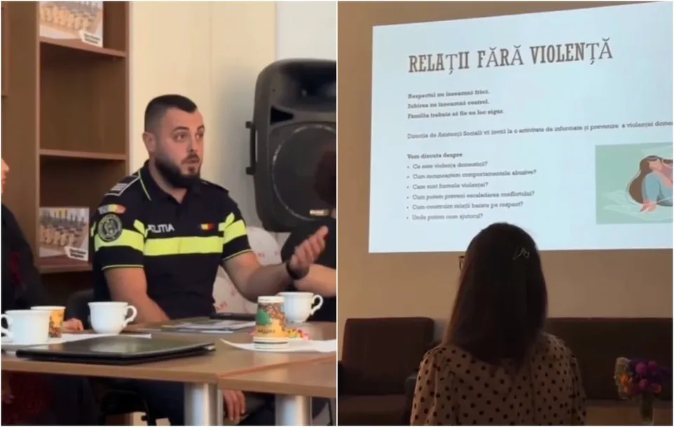 Un bărbat în uniformă de polițist stă la o masă lângă un difuzor, în timp ce o proiecție pe perete prezintă un text și o ilustrație.
