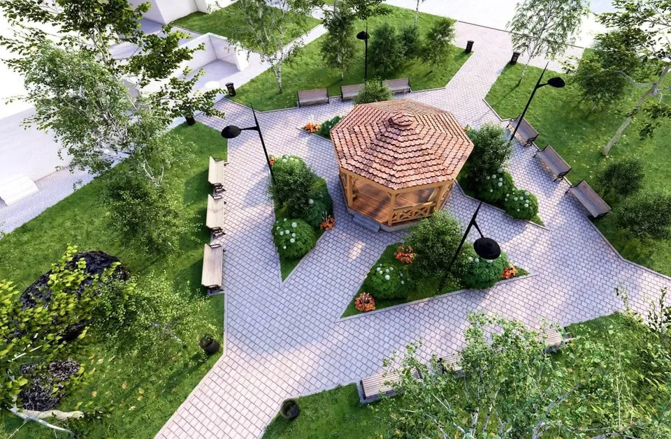O reprezentare digitală a unui parc cu alei pavate, bănci, un pavilion din lemn cu acoperiș de țiglă și zone cu vegetație și arbori.