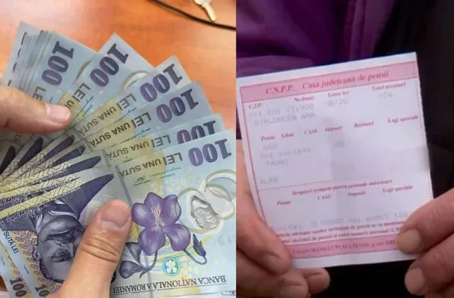 Mâini ținând mai multe bancnote de o sută de lei și un document de tip chitanță alb cu text roz.