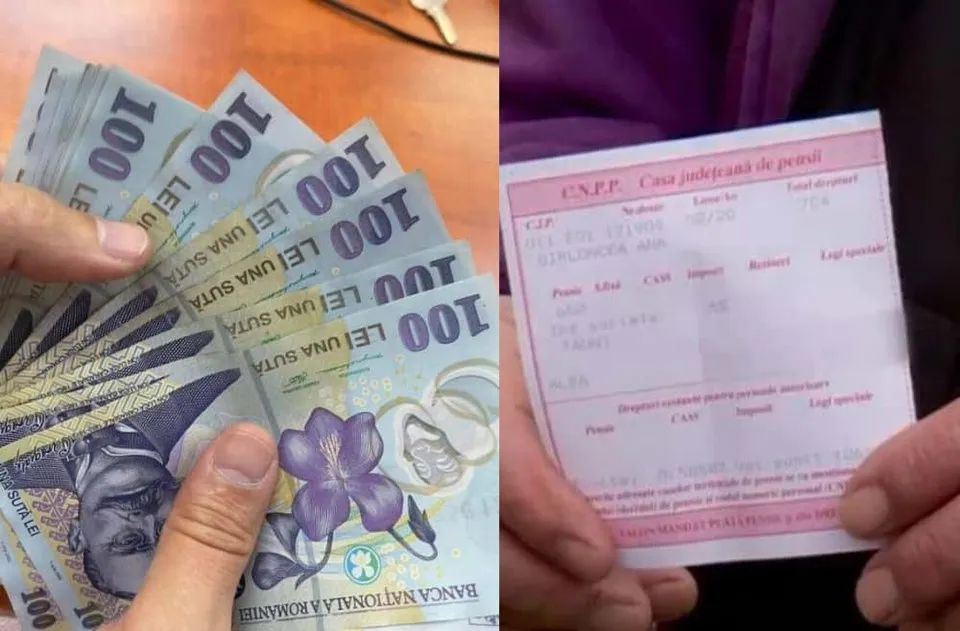 Mâini ținând mai multe bancnote de o sută de lei și un document de tip chitanță alb cu text roz.