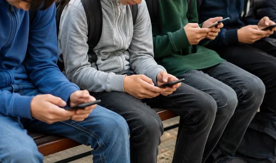 Patru persoane stau pe o bancă și folosesc telefoane mobile în poziție așezată.