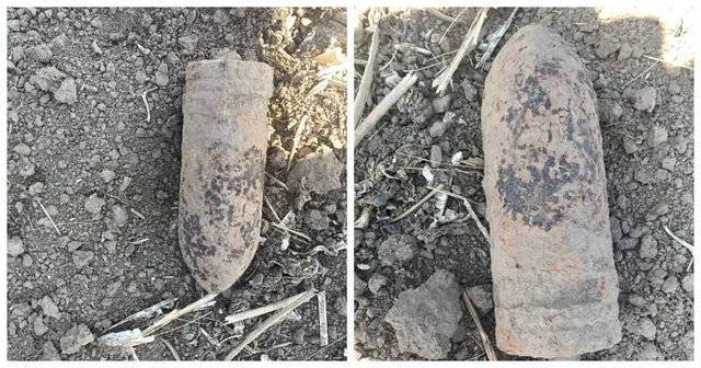 Două fotografii de tip colaj prezintă un obiect metalic cilindric, ruginit și pătat, întins pe un sol uscat cu resturi vegetale.