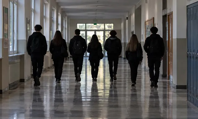 Șapte persoane îmbrăcate în haine negre merg pe un coridor de interior cu podea lucioasă.
