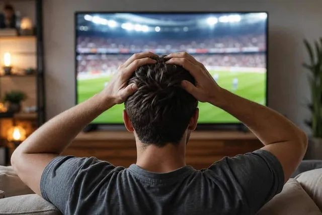 Un bărbat cu spatele la cameră stă pe o canapea și își ține capul cu ambele mâini în fața unui televizor care afișează un teren de fotbal.