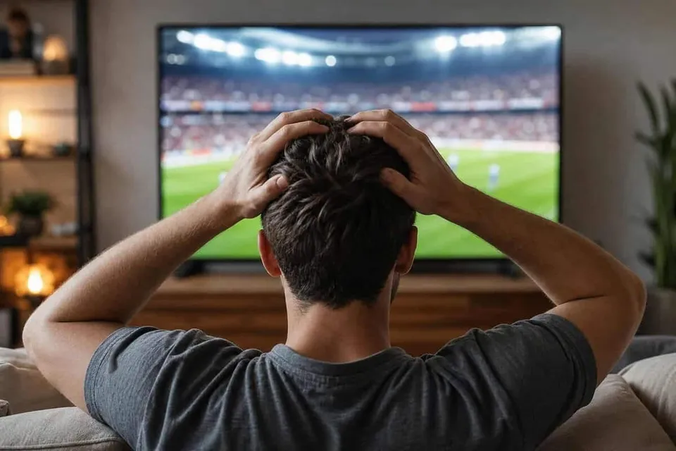 Un bărbat cu spatele la cameră stă pe o canapea și își ține capul cu ambele mâini în fața unui televizor care afișează un teren de fotbal.