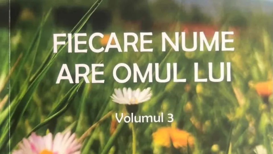 Coperta unei cărți cu textul alb pe un fundal de iarbă verde și flori colorate.