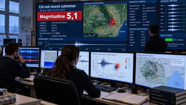 Două persoane stau la birou în fața mai multor monitoare care afișează hărți, grafice și date numerice într-o încăpere întunecată.