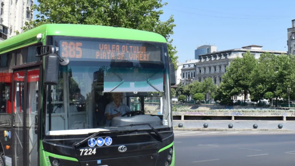 Un autobuz verde și negru cu numărul 385 afișat pe panoul digital circulă pe un drum asfaltat lângă un trotuar și copaci verzi.