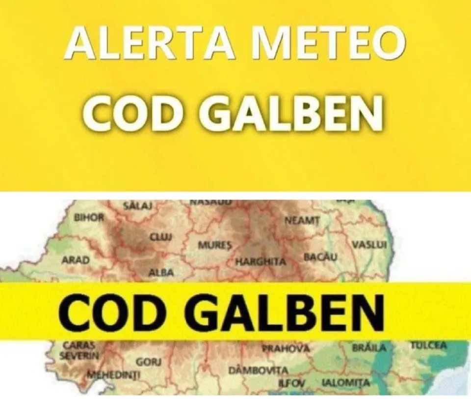 Afiș galben cu textul „ALERTĂ METEO COD GALBEN” și o hartă a României cu județe și zone colorate.