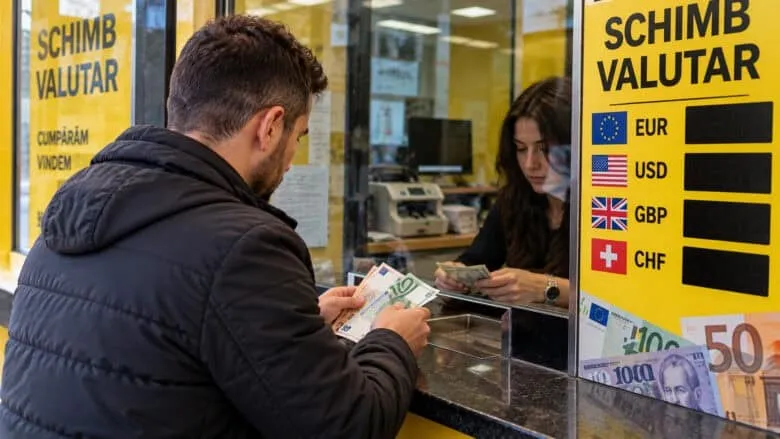 Un bărbat cu o jachetă neagră ține bancnote de euro în timp ce stă la un ghișeu de schimb valutar în fața unei femei.