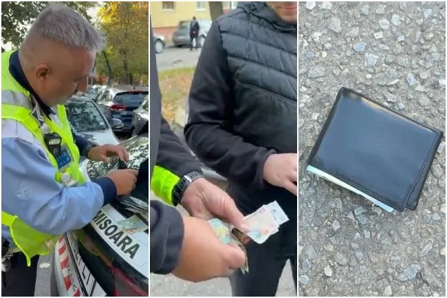 Un bărbat într-o vestă reflectorizantă deschide un portofel, în timp ce un alt bărbat ține bancnote, iar un portofel negru este întins pe asfalt.