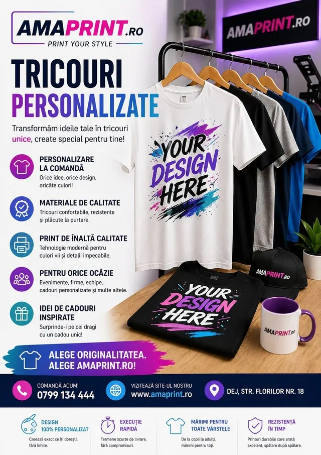 Mai multe tricouri colorate sunt agățate pe umerașe, iar un tricou alb și unul negre cu textul "YOUR DESIGN HERE" sunt așezate pe o masă.