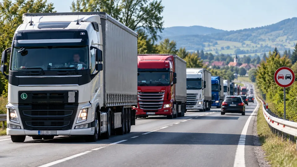 Mai multe camioane și o mașină circulă pe o autostradă cu vegetație și dealuri în fundal sub un cer senin.