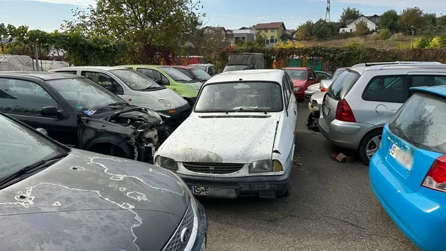 Mai multe mașini parțial deteriorate și murdare sunt parcate pe un teren asfaltat sub un cer senin.