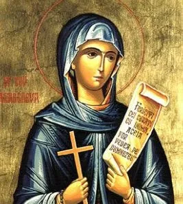 O figură feminină într-un mantie albastră și un voal alb ține o cruce de lemn și un pergament scris cu litere negre pe fundal auriu.