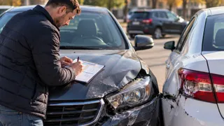 Un bărbat scrie pe o foaie de hârtie așezată pe capota unui autoturism negru care prezintă avarii în partea frontală, lângă o mașină albă.