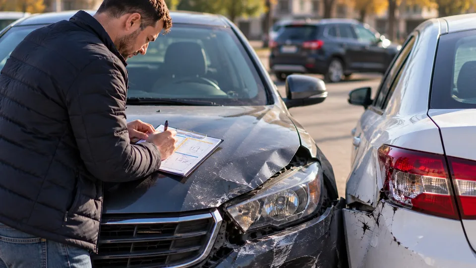 Un bărbat scrie pe o foaie de hârtie așezată pe capota unui autoturism negru care prezintă avarii în partea frontală, lângă o mașină albă.