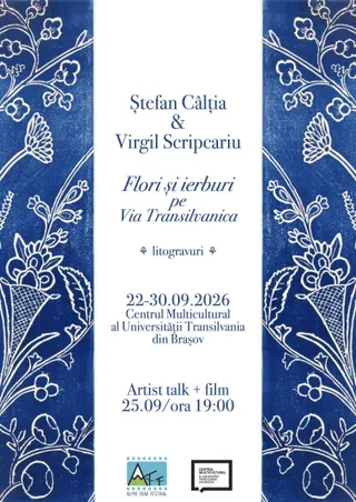 Un afiș alb cu text albastru și margini decorate cu motive florale și vegetale pe fundal albastru.