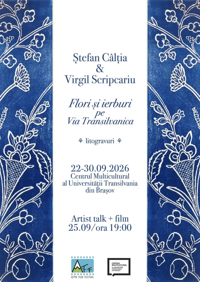 Un afiș alb cu text albastru și margini decorate cu motive florale și vegetale pe fundal albastru.