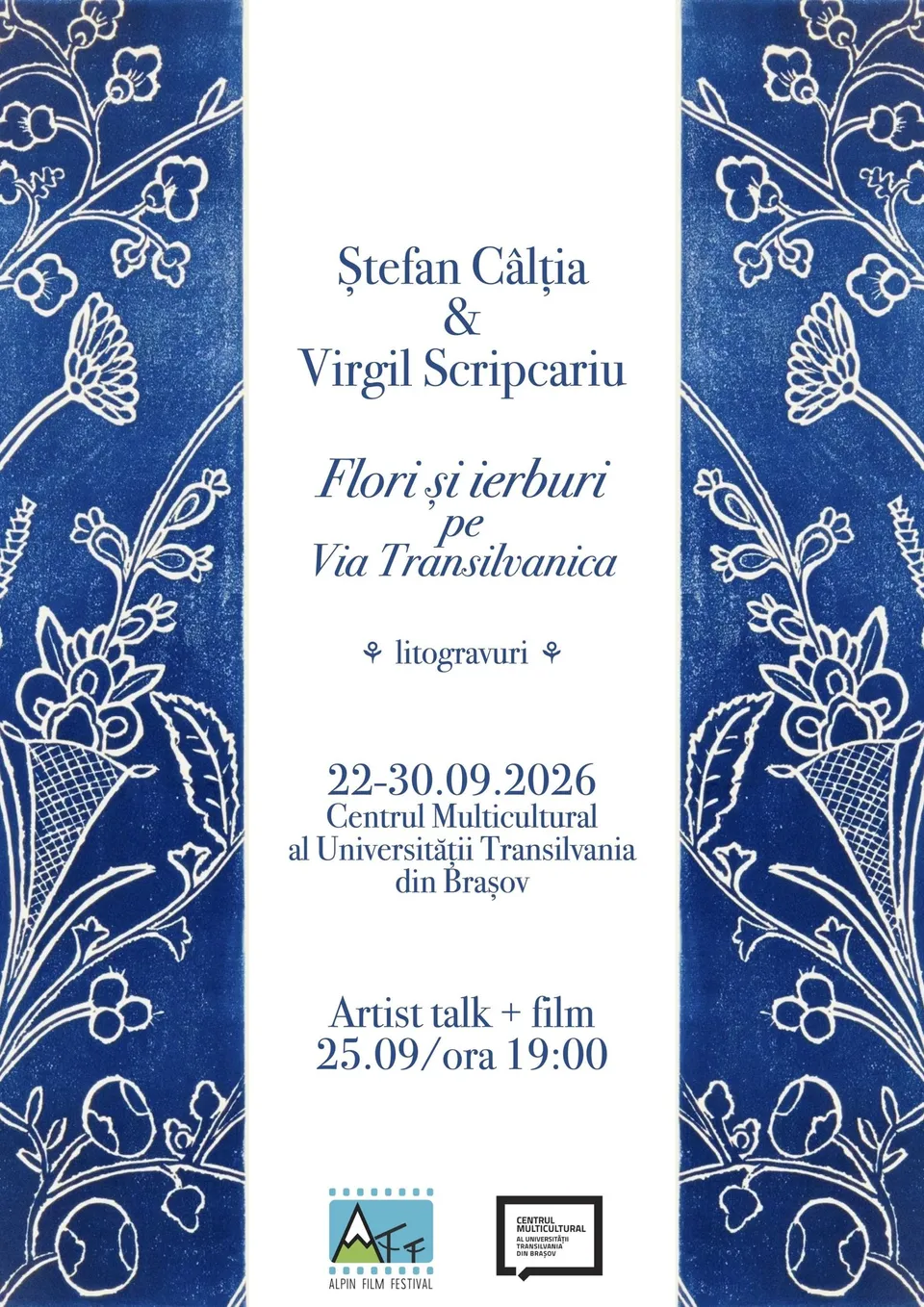 Un afiș alb cu text albastru și margini decorate cu motive florale și vegetale pe fundal albastru.