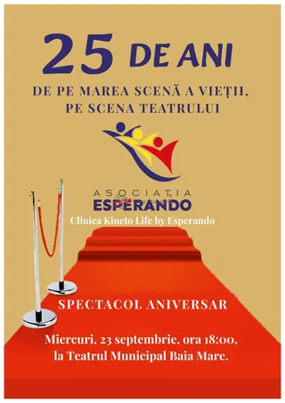 Un afiș pe fundal galben prezintă un text albastru și negru, un logo colorat și un drum roșu care se întinde spre fundal.