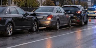 Trei autoturisme sunt implicate într-o coliziune pe un drum asfaltat umed, în prezența unei mașini de poliție și a unui con de circulație.