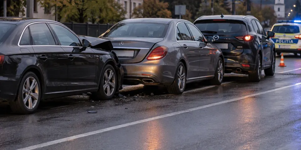 Trei autoturisme sunt implicate într-o coliziune pe un drum asfaltat umed, în prezența unei mașini de poliție și a unui con de circulație.