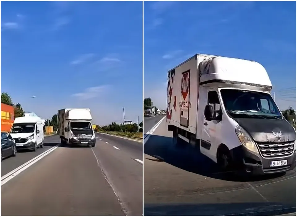 Două cadre prezintă o dubă albă cu compartiment de marfă circulând pe o bandă de asfalt sub un cer senin.