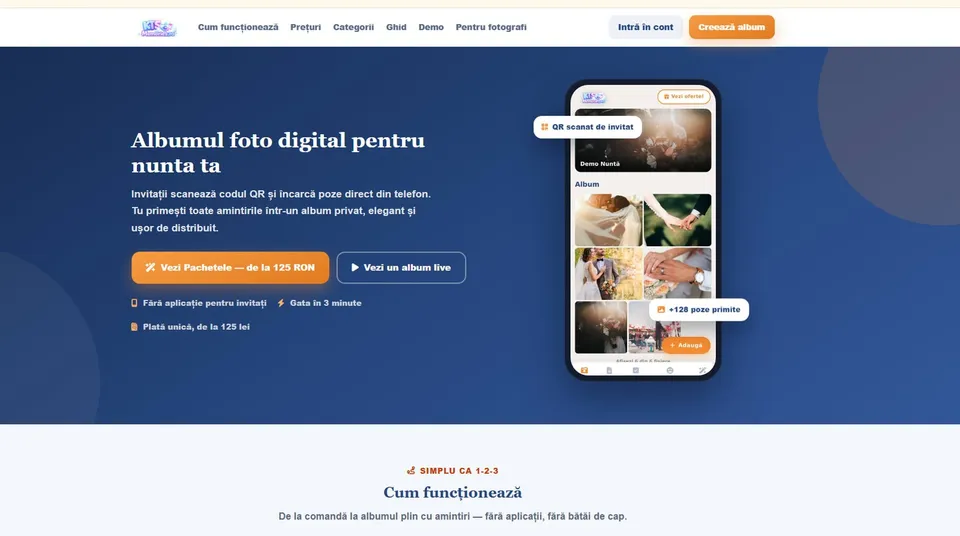 Un ecran de computer afișează un site web cu text alb pe fundal albastru și o reprezentare a unui telefon mobil cu fotografii.
