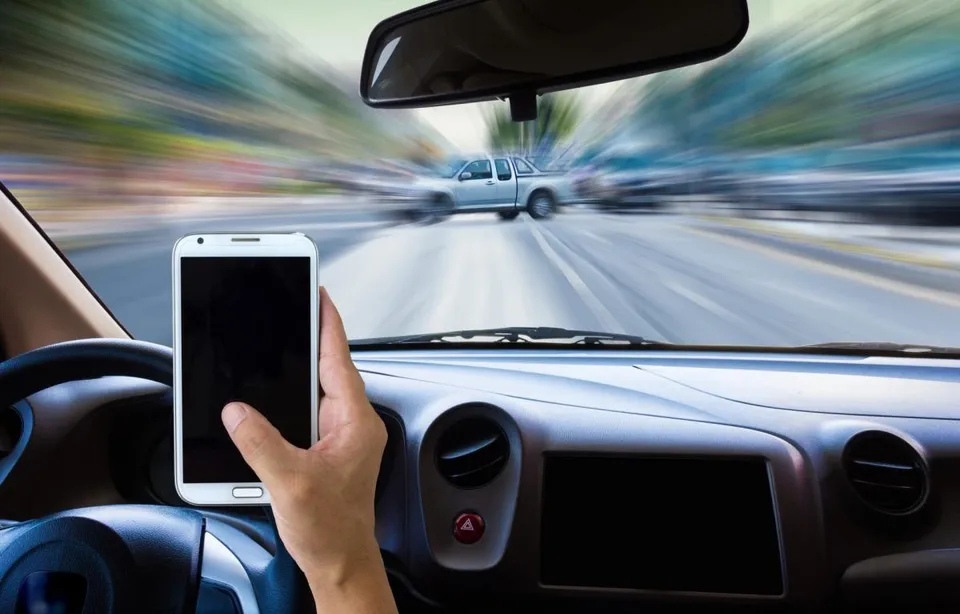O mână ține un telefon mobil în fața parbrizului unei mașini în timp ce vehiculele circulă pe un drum cu efect de mișcare.