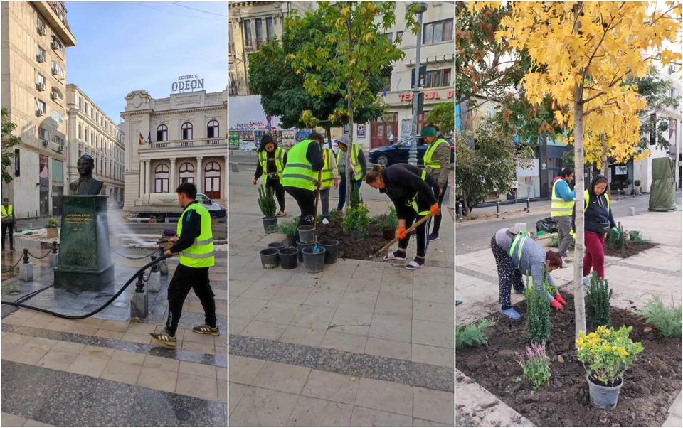 Un grup de lucrători cu veste fluorescente plantează vegetație și curăță un bust cu un jet de apă pe un trotuar urban.