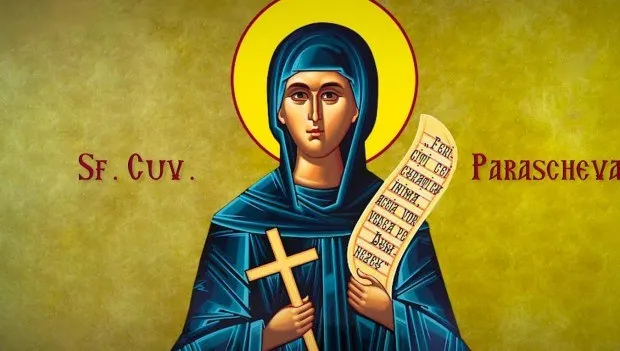O pictură religioasă reprezintă o femeie cu voal albastru, purtând o cruce de lemn și ținând un pergament scris într-un fundal galben.