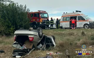 Un autoturism gri este răsturnat pe o margine de iarbă lângă un camion de pompieri roșu și o ambulanță albă cu detalii portocalii.