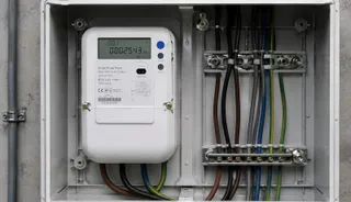 Un contor digital alb este montat într-o cutie de distribuție gri lângă mai multe cabluri colorate conectate la borne metalice.