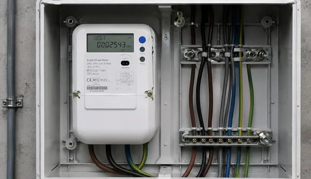 Un contor digital alb este montat într-o cutie de distribuție gri lângă mai multe cabluri colorate conectate la borne metalice.