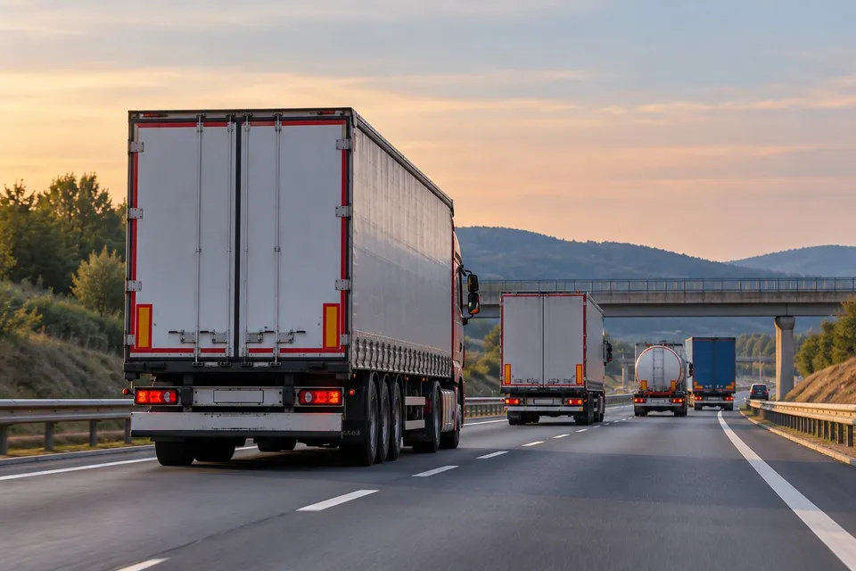 Mai multe camioane cu remorci circulă pe o autostradă cu două benzi sub un cer la apus.