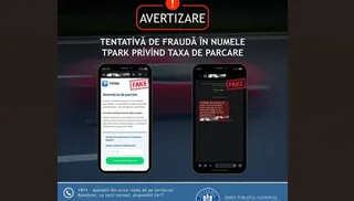 Două telefoane mobile afișează mesaje de tip SMS pe un fundal întunecat, unul conținând text despre o amendă de parcare și un marcaj roșu scris FAKE.
