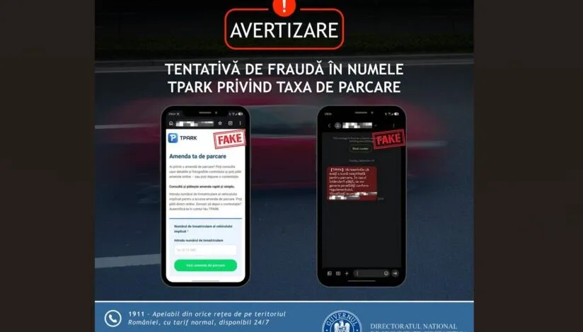 Două telefoane mobile afișează mesaje de tip SMS pe un fundal întunecat, unul conținând text despre o amendă de parcare și un marcaj roșu scris FAKE.